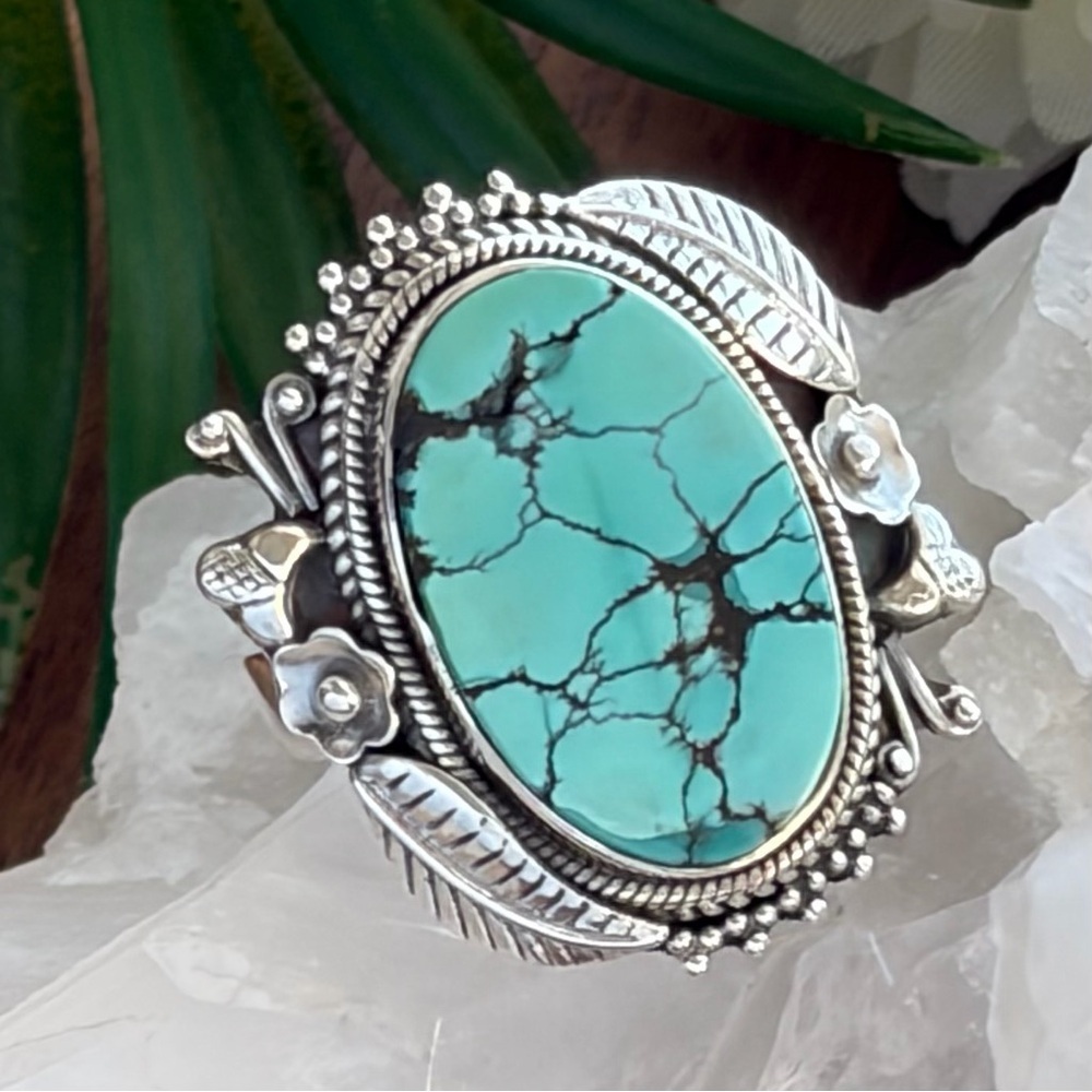 Southwest Spiderweb Turquoise Ring Size 9 Navajo Style Pure Sterling Silver 925 - Picture 6 of 11